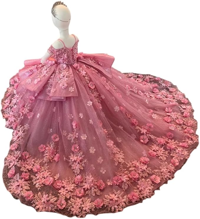 Sunnypetal Exquisite Tulle Off-Shoulder Flower Girl Dress Pageant Gown with 3D Floral Appliqués