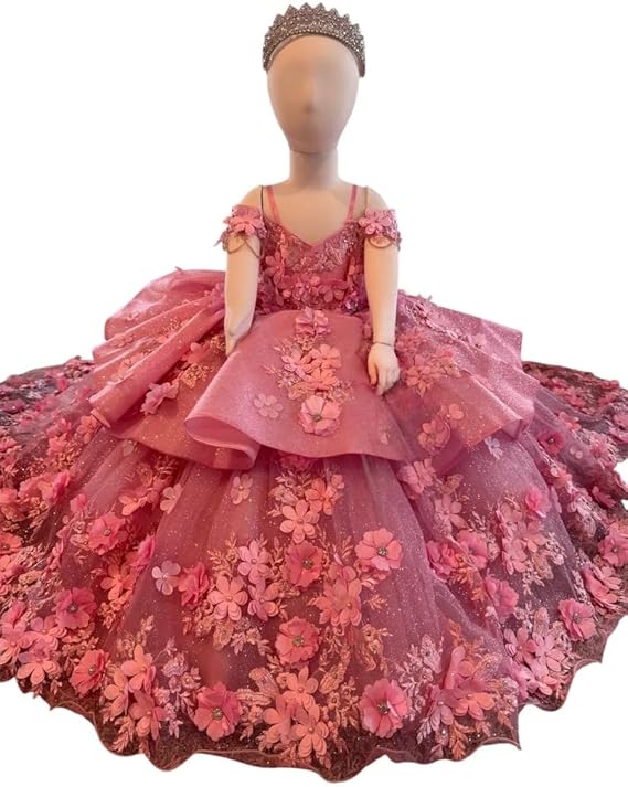 Sunnypetal Exquisite Tulle Off-Shoulder Flower Girl Dress Pageant Gown with 3D Floral Appliqués