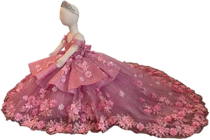 Sunnypetal Exquisite Tulle Off-Shoulder Flower Girl Dress Pageant Gown with 3D Floral Appliqués