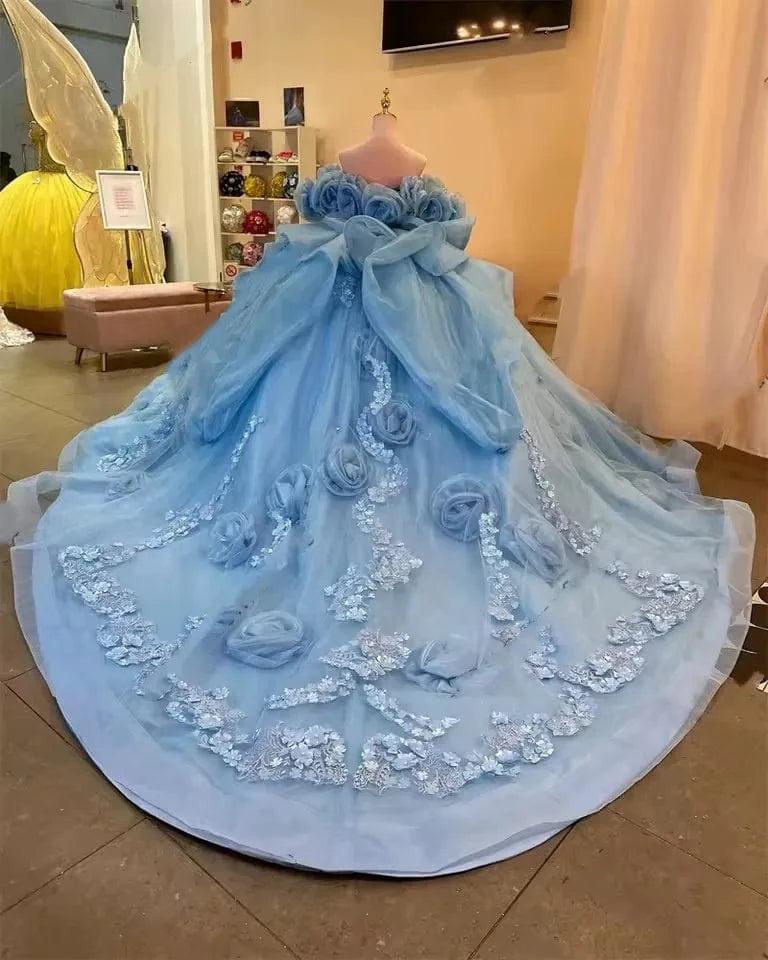 Sunnypetal Fairy-Tale Blue Off-Shoulder Flower Girl Dress with Floral Appliques