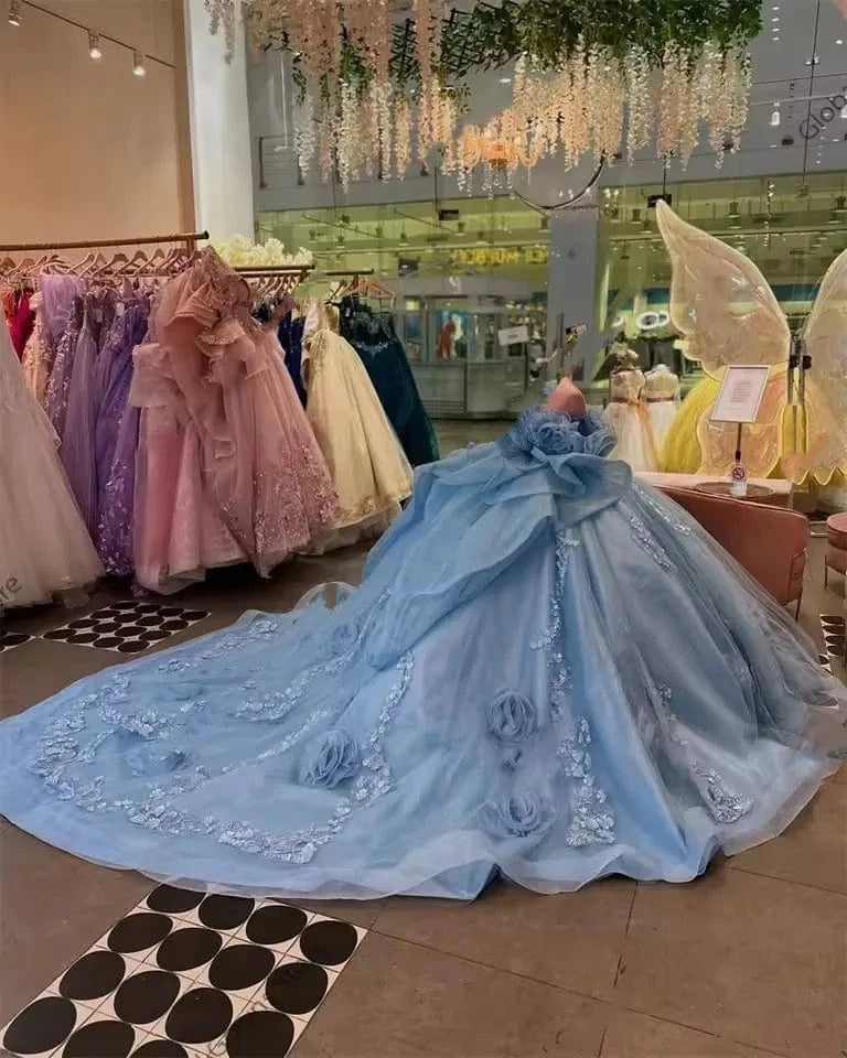 Sunnypetal Fairy-Tale Blue Off-Shoulder Flower Girl Dress with Floral Appliques