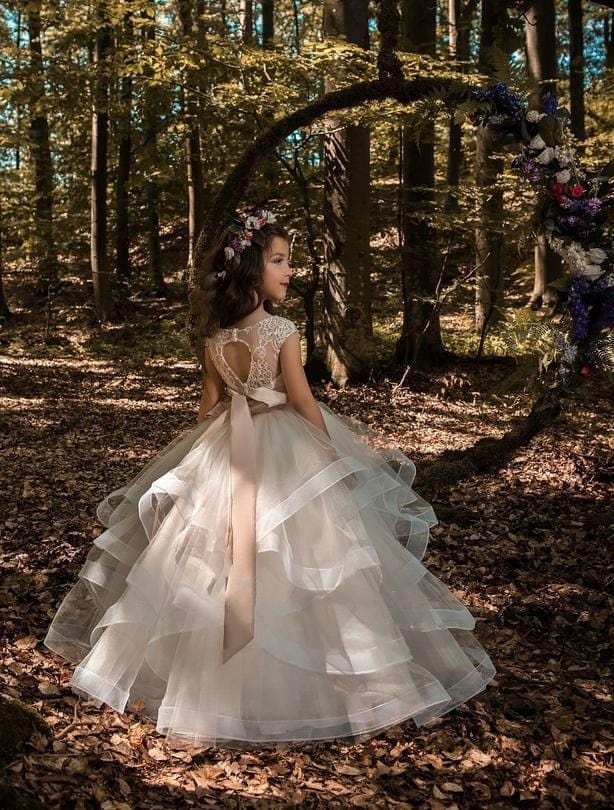 Sunnypetal Fairytale Ivory Lace and Tulle Flower Girl Ball Gown with Layered Skirt