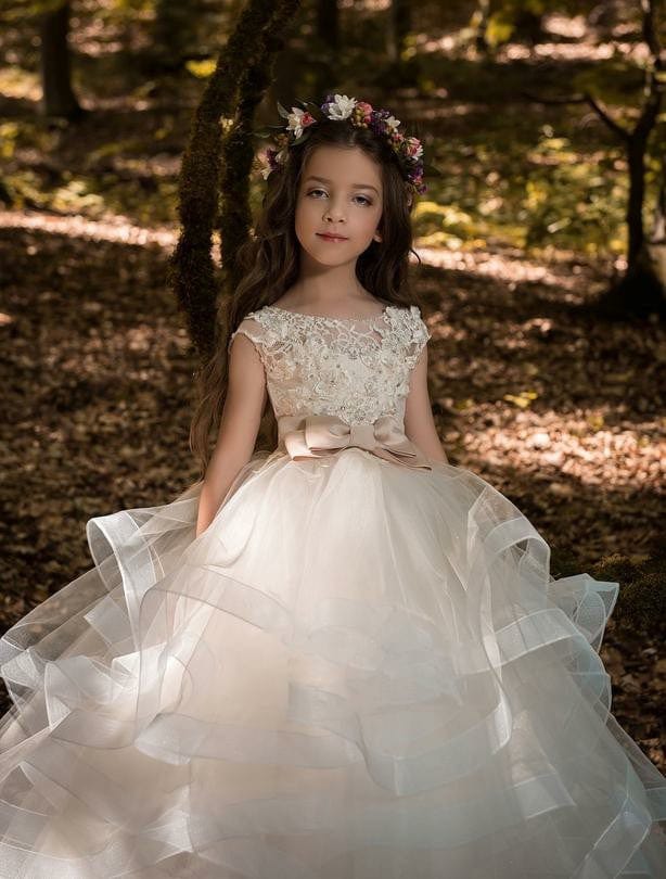 Sunnypetal Fairytale Ivory Lace and Tulle Flower Girl Ball Gown with Layered Skirt