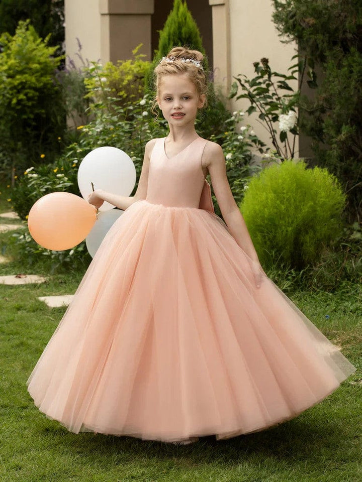 Sunnypetal Floor-Length V-Neck Sleeveless Tulle Flower Girl Dresses with Satin Bow