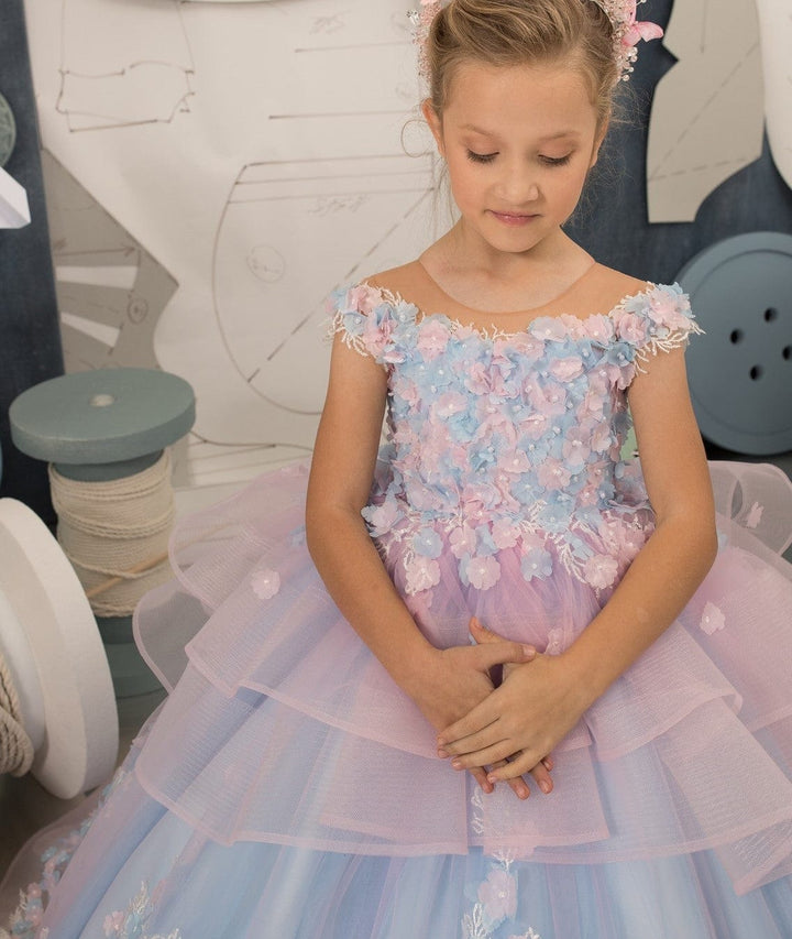 Sunnypetal Floral Tulle Lace Tiered Floor Length Flower Girl Dresses With Beading