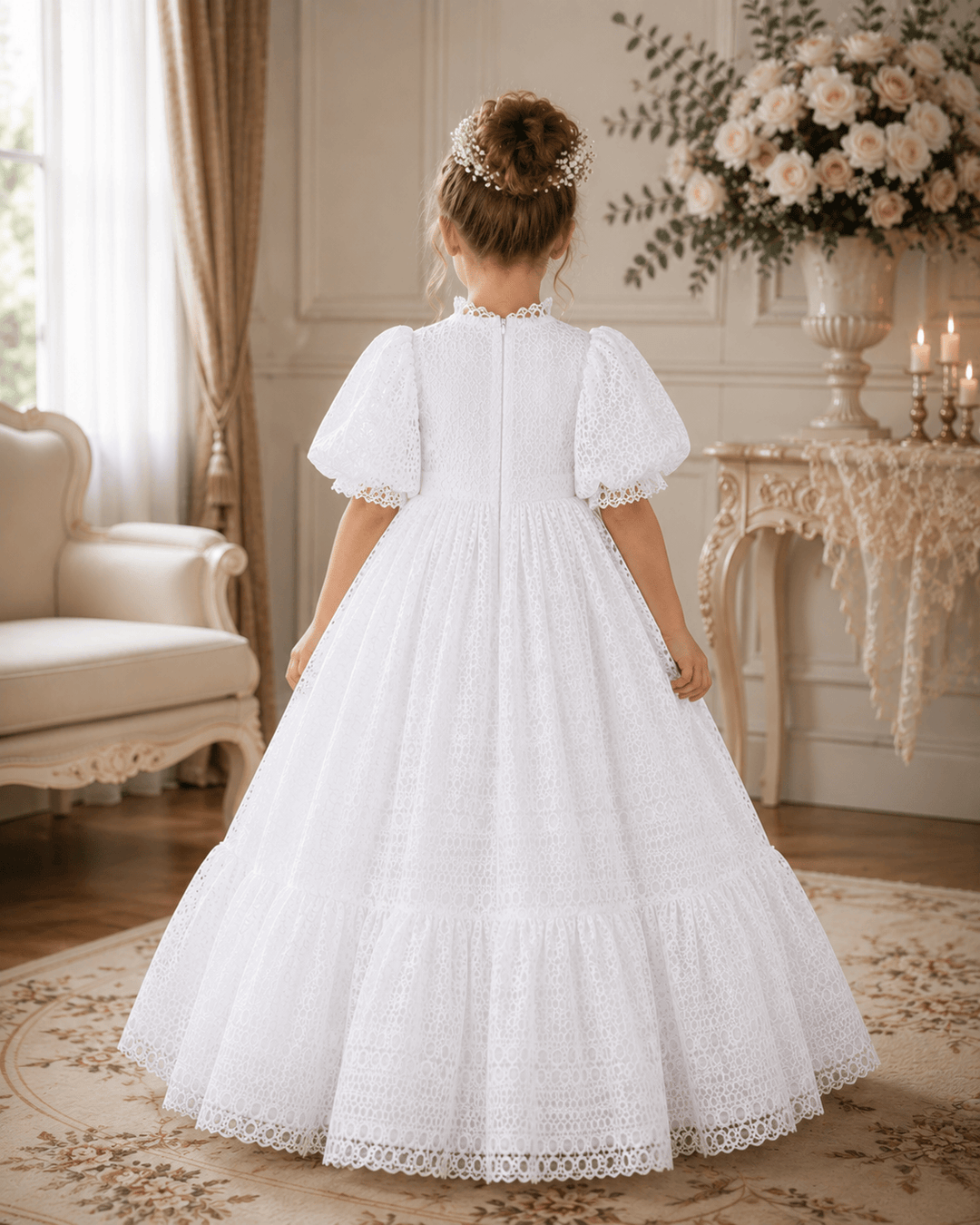 Sunnypetal Flower Girl Dresses for Wedding Lace Puff Sleeve High Waisted Princess Dress