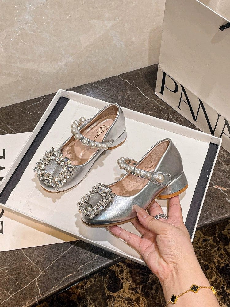 Sunnypetal Girls’ Silver Crystal Party Shoes – Soft Bottom Princess Heels