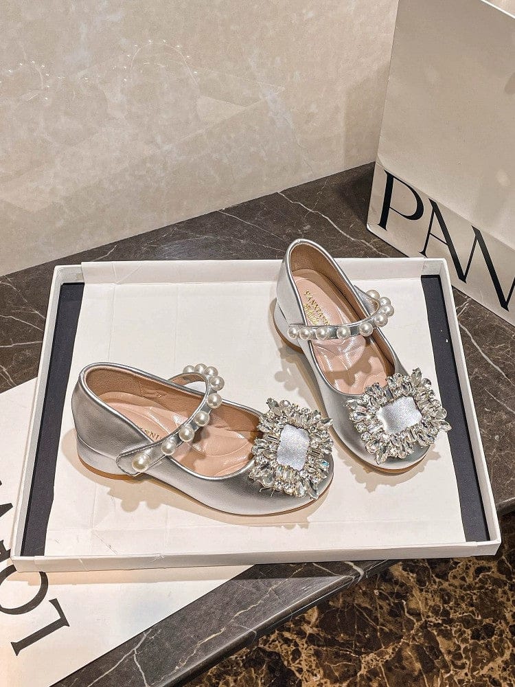 Sunnypetal Girls’ Silver Crystal Party Shoes – Soft Bottom Princess Heels