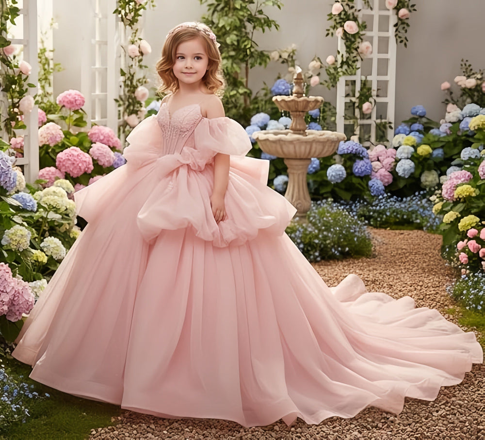 Sunnypetal Girls Spaghetti Strap Glitter Tulle Ball Gown with Lace Appliqués & Bow