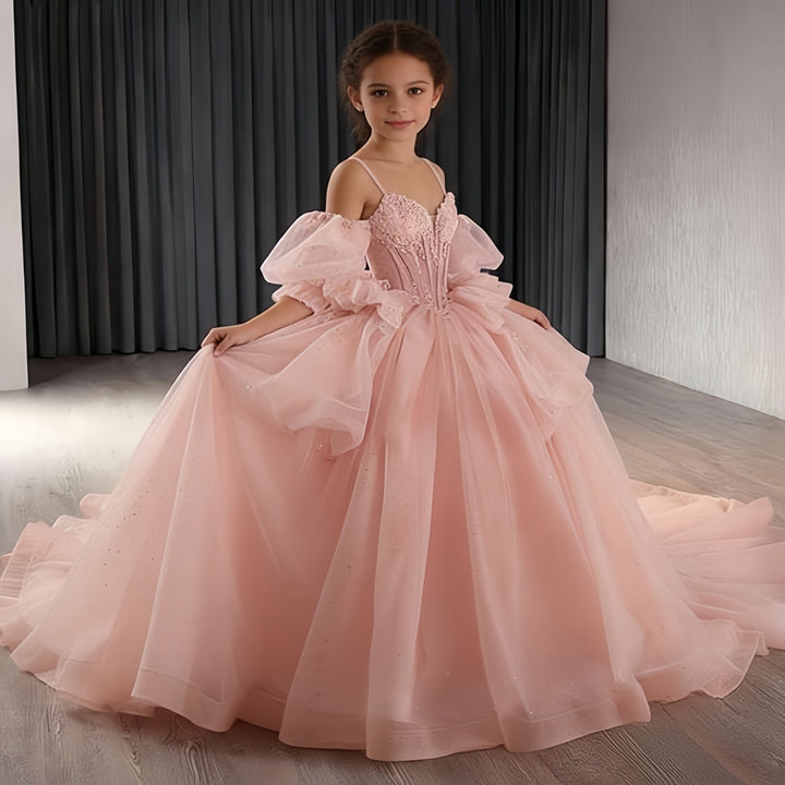 Sunnypetal Girls Spaghetti Strap Glitter Tulle Ball Gown with Lace Appliqués &amp; Bow