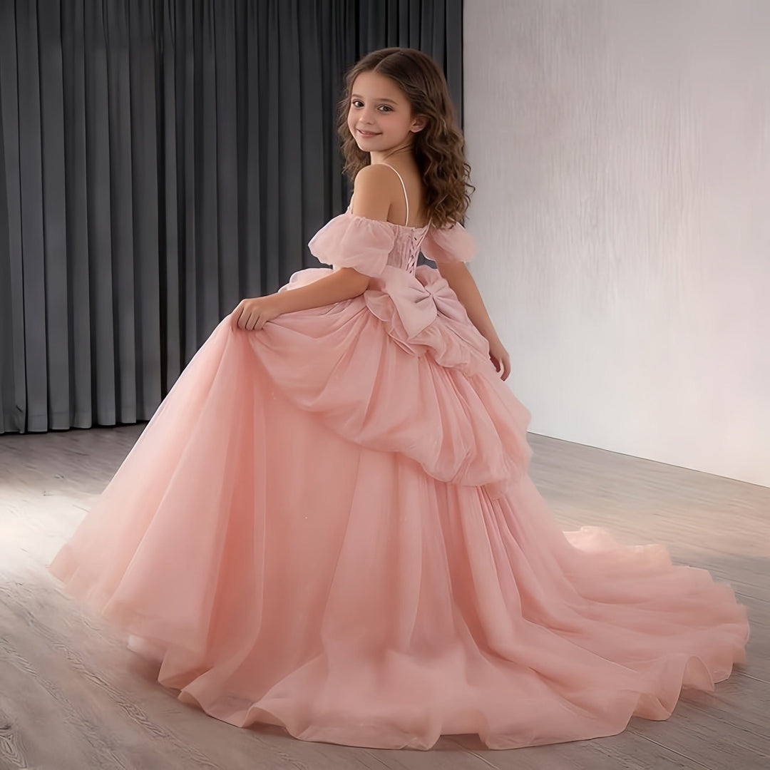 Sunnypetal Girls Spaghetti Strap Glitter Tulle Ball Gown with Lace Appliqués &amp; Bow