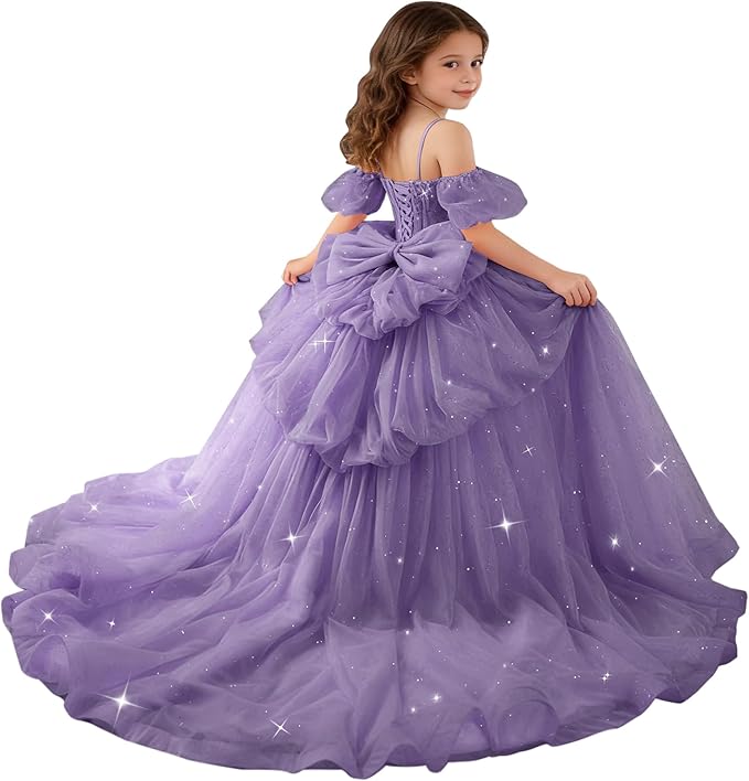 Sunnypetal Girls Spaghetti Strap Glitter Tulle Ball Gown with Lace Appliqués &amp; Bow