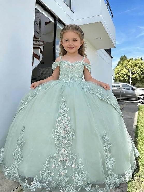 Sunnypetal Glitter Layered Tulle Ball Gown Flower Girl Dress with Lace Appliqué and Bow
