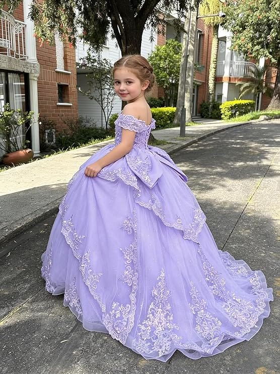 Sunnypetal Glitter Layered Tulle Ball Gown Flower Girl Dress with Lace Appliqué and Bow