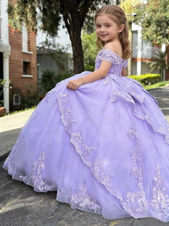 Sunnypetal Glitter Layered Tulle Ball Gown Flower Girl Dress with Lace Appliqué and Bow