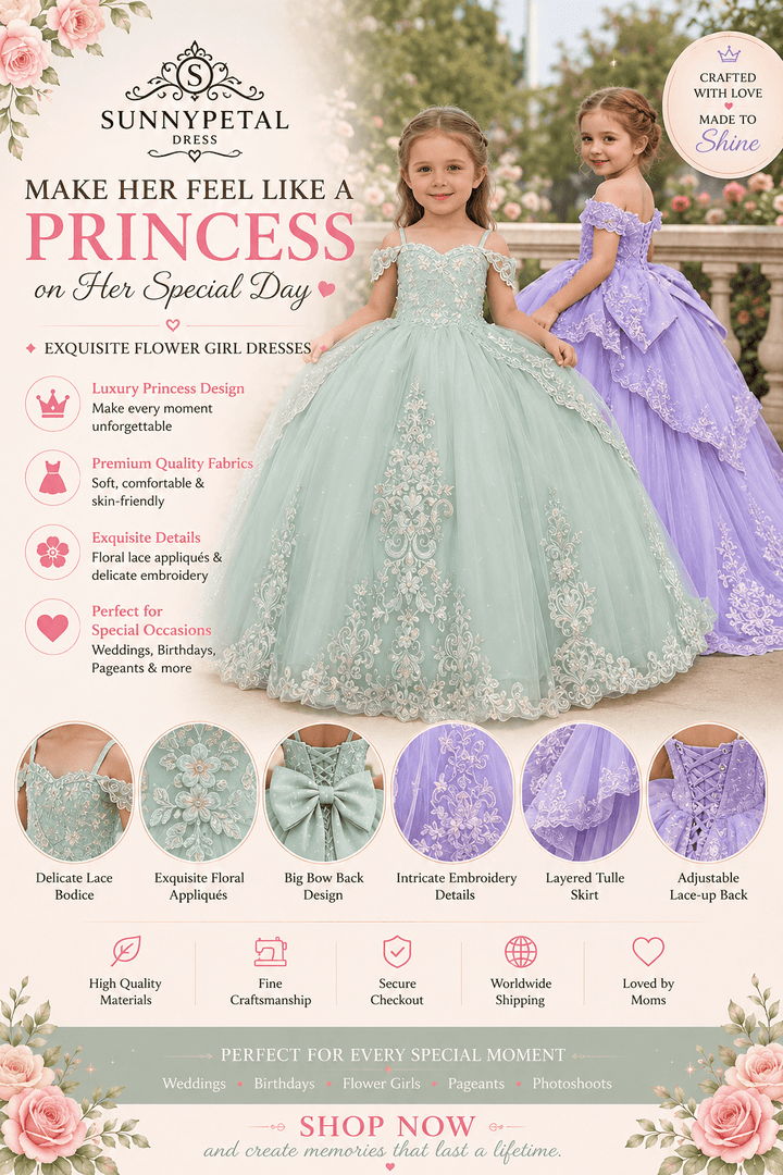 Sunnypetal Glitter Layered Tulle Ball Gown Flower Girl Dress with Lace Appliqué and Bow