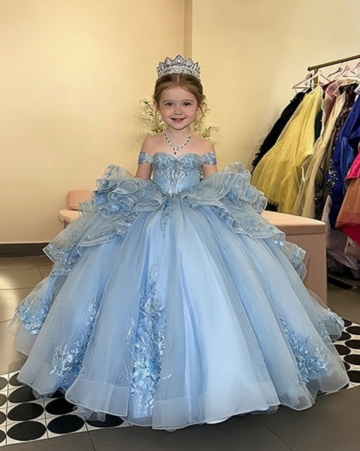 Sunnypetal Glitter Layered Tulle Off-Shoulder Girls Pageant Ball Gown with Dramatic Train &amp; Bow