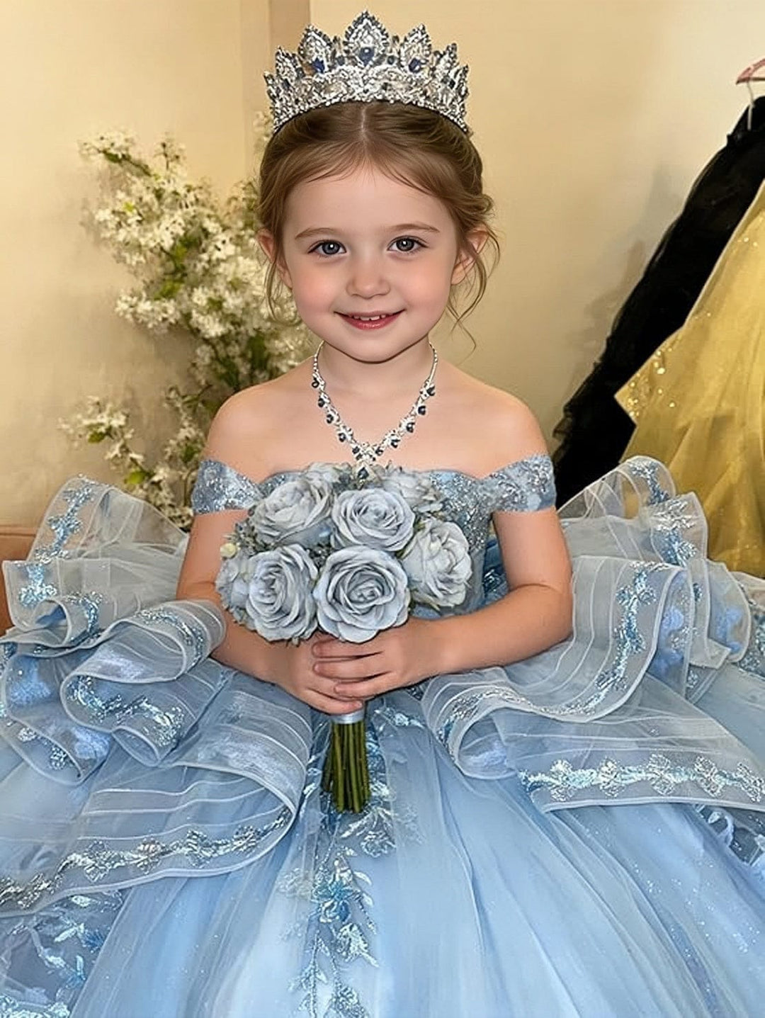 Sunnypetal Glitter Layered Tulle Off-Shoulder Girls Pageant Ball Gown with Dramatic Train &amp; Bow