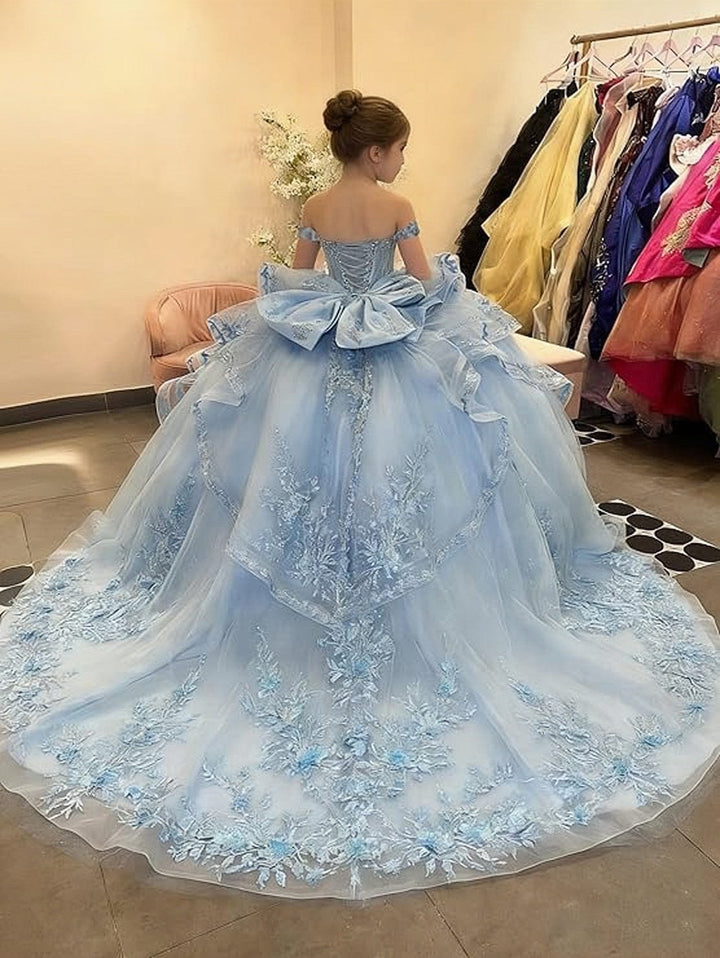 Sunnypetal Glitter Layered Tulle Off-Shoulder Girls Pageant Ball Gown with Dramatic Train &amp; Bow