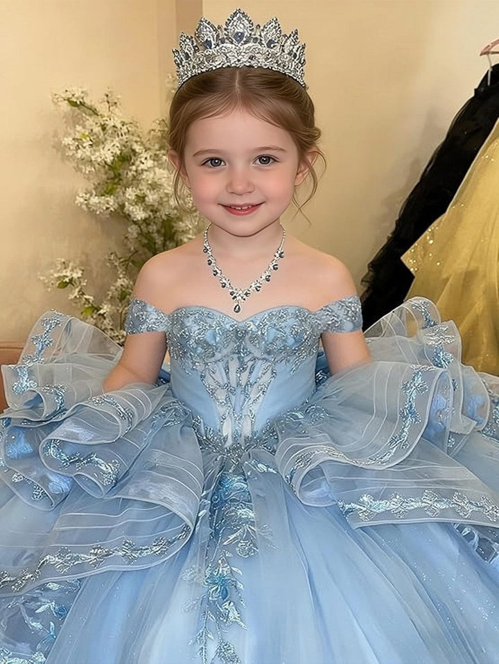 Sunnypetal Glitter Layered Tulle Off-Shoulder Girls Pageant Ball Gown with Dramatic Train &amp; Bow