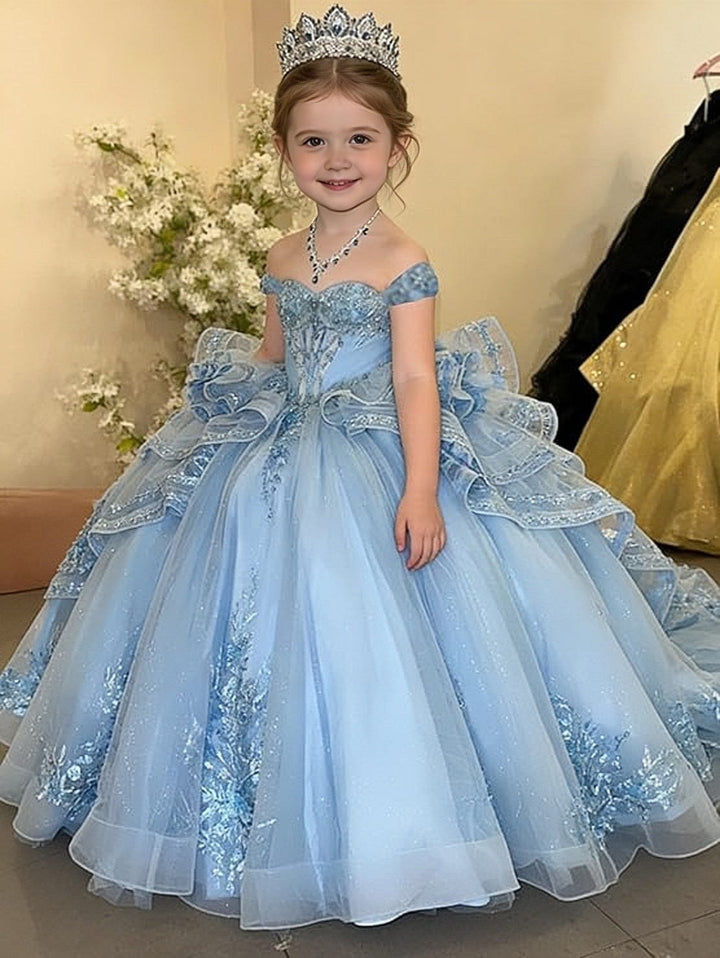 Sunnypetal Glitter Layered Tulle Off-Shoulder Girls Pageant Ball Gown with Dramatic Train &amp; Bow