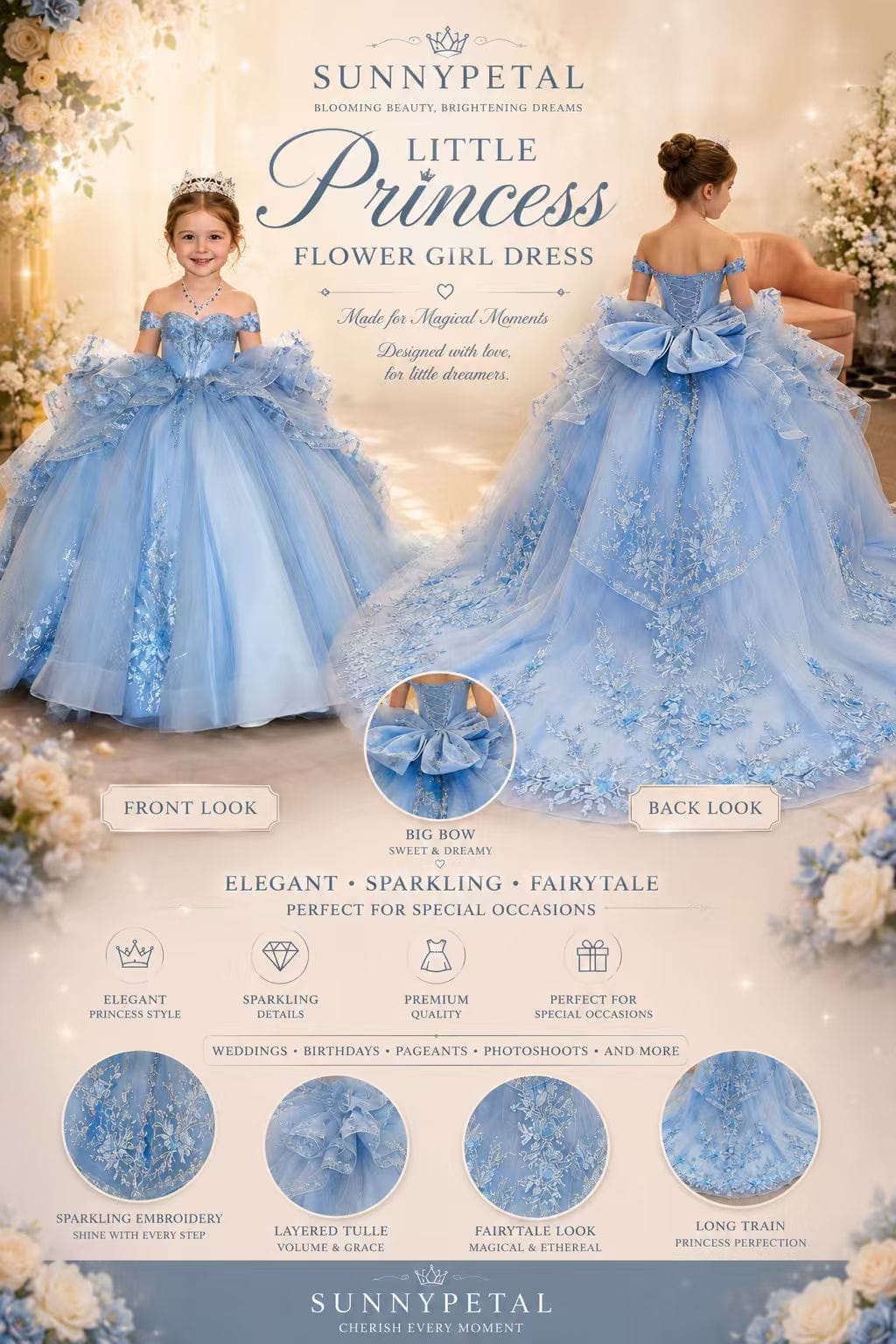 Sunnypetal Glitter Layered Tulle Off-Shoulder Girls Pageant Ball Gown with Dramatic Train &amp; Bow