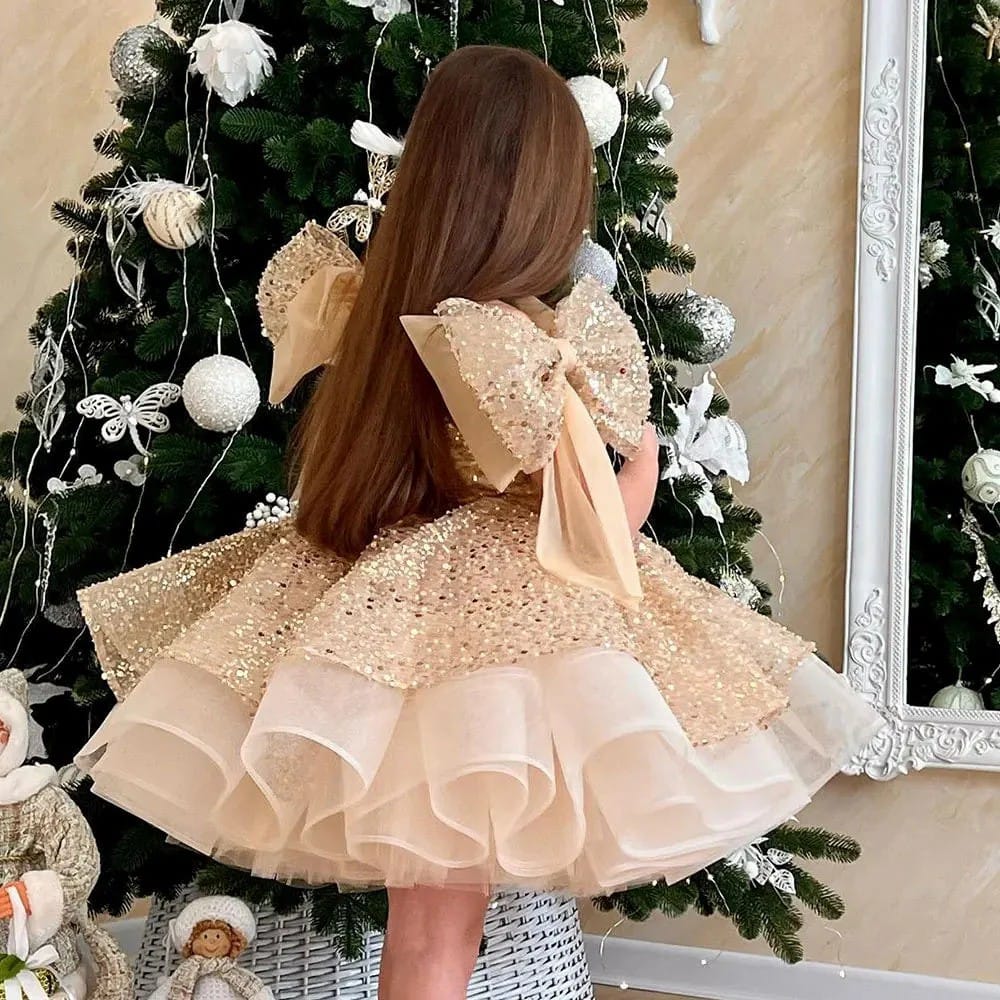 Sunnypetal Glitter Sequin Tulle Knee-Length Flower Girl Dresses