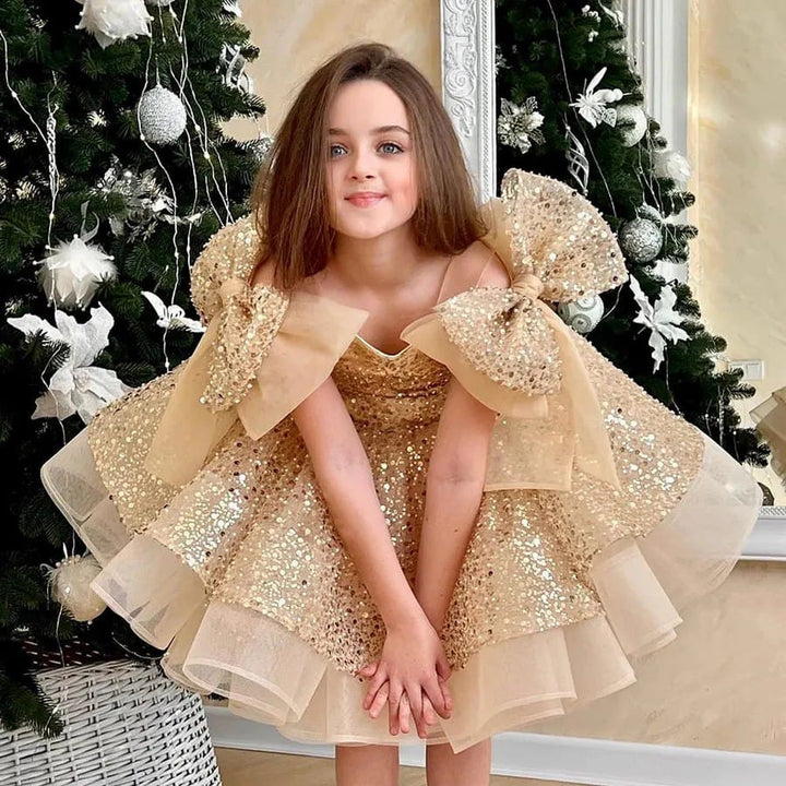 Sunnypetal Glitter Sequin Tulle Knee-Length Flower Girl Dresses