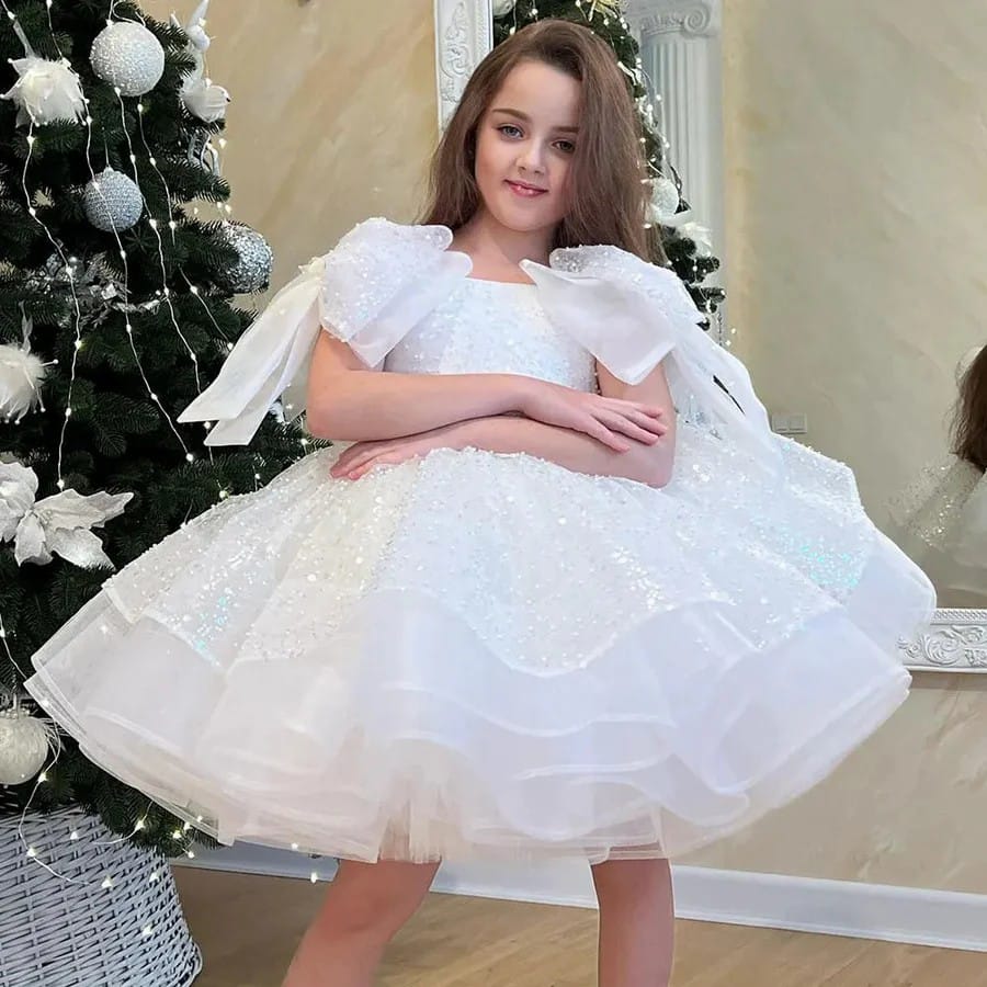 Sunnypetal Glitter Sequin Tulle Knee-Length Flower Girl Dresses
