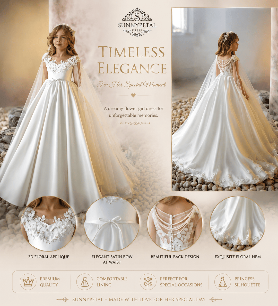 Sunnypetal Glitter Tulle Cloak Sleeves Floral Appliques Satin Flower Girl Dresses Communion Gown
