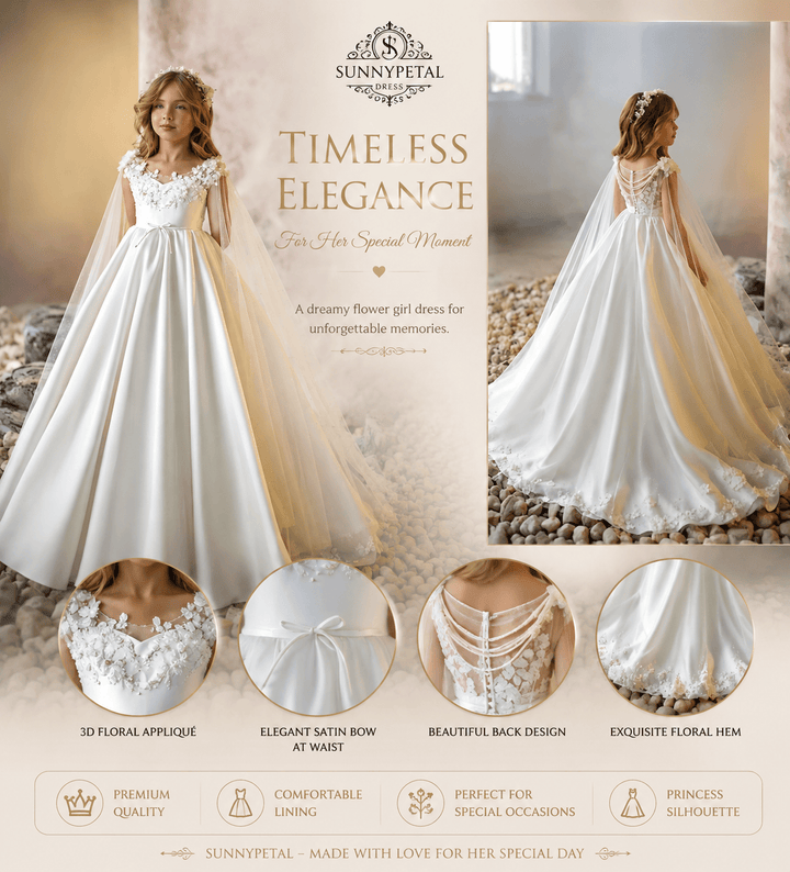 Sunnypetal Glitter Tulle Cloak Sleeves Floral Appliques Satin Flower Girl Dresses Communion Gown