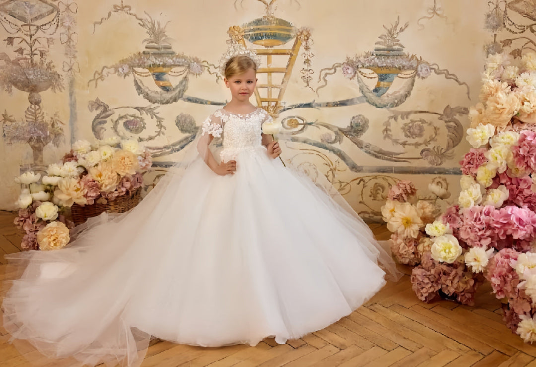 Sunnypetal Glitter Tulle Communion Dress with Floral Lace & Flowing Shoulder Capes