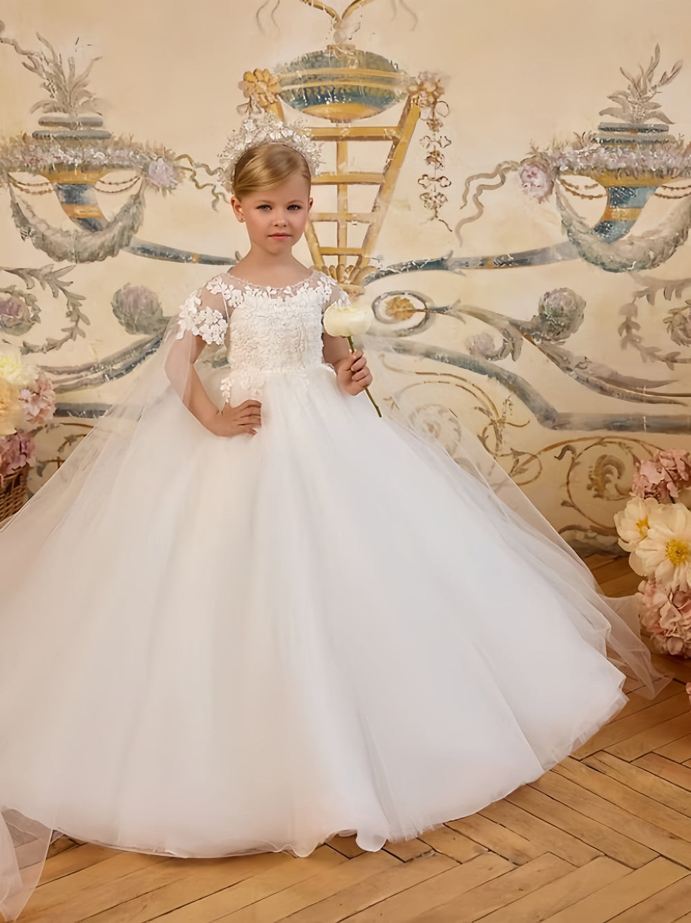 Sunnypetal Glitter Tulle Communion Dress with Floral Lace & Flowing Shoulder Capes