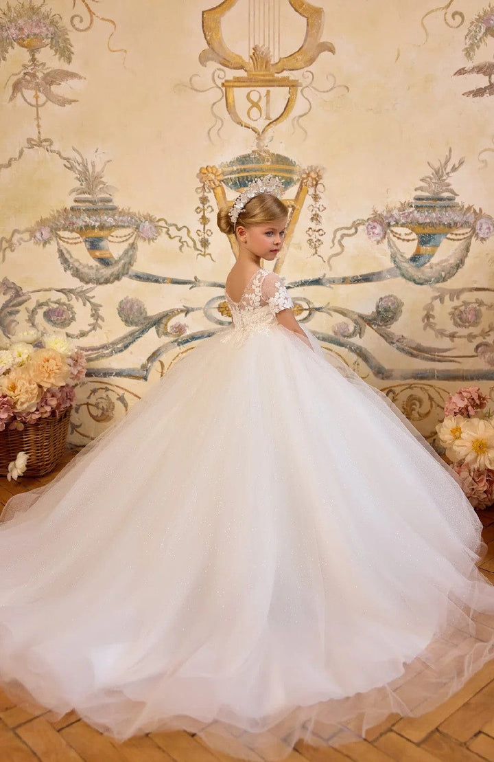 Sunnypetal Glitter Tulle Communion Dress with Floral Lace & Flowing Shoulder Capes