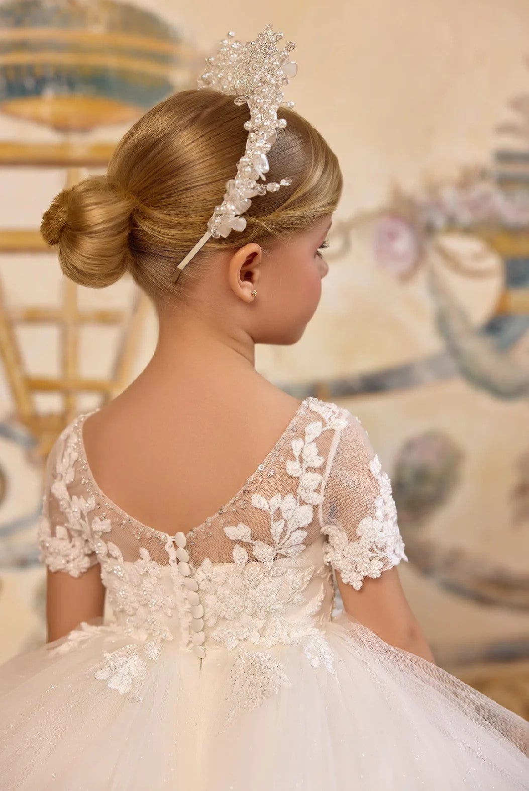 Sunnypetal Glitter Tulle Communion Dress with Floral Lace & Flowing Shoulder Capes