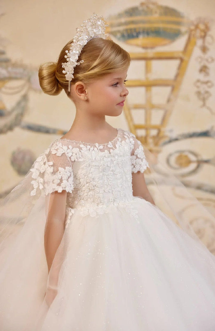 Sunnypetal Glitter Tulle Communion Dress with Floral Lace & Flowing Shoulder Capes