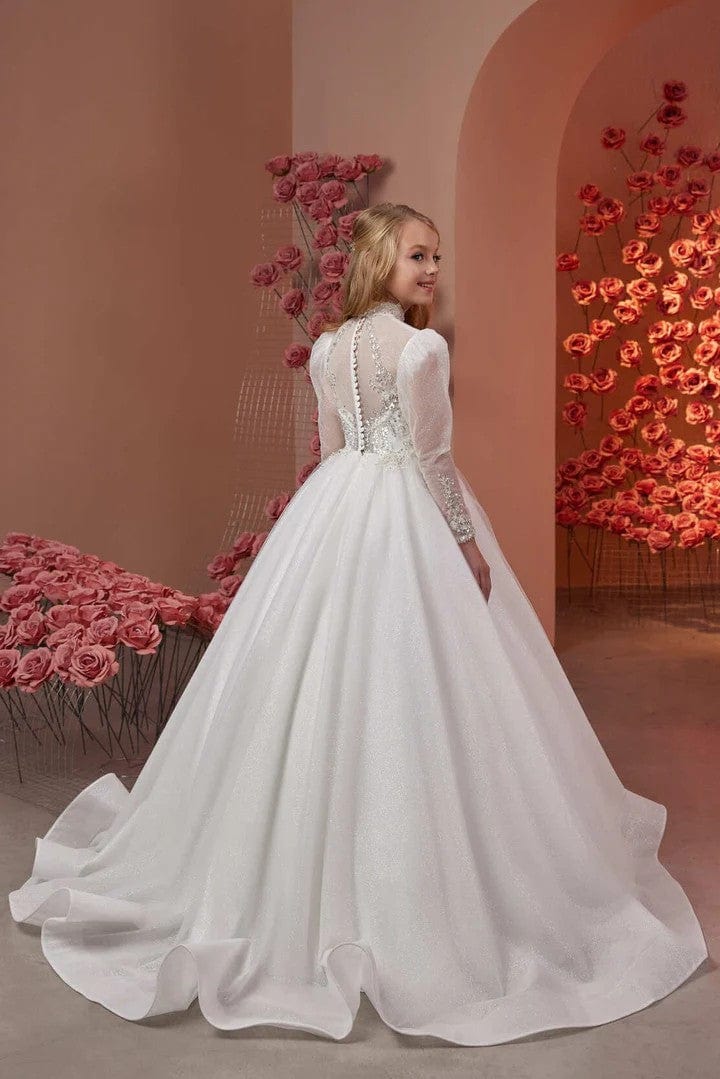 Sunnypetal Glitter Tulle Long Sleeve Sequins Beaded Flower Girl Gown