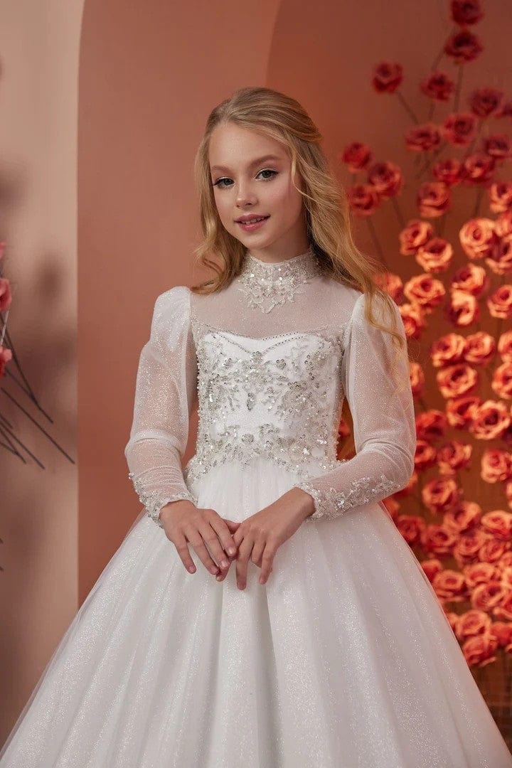 Sunnypetal Glitter Tulle Long Sleeve Sequins Beaded Flower Girl Gown