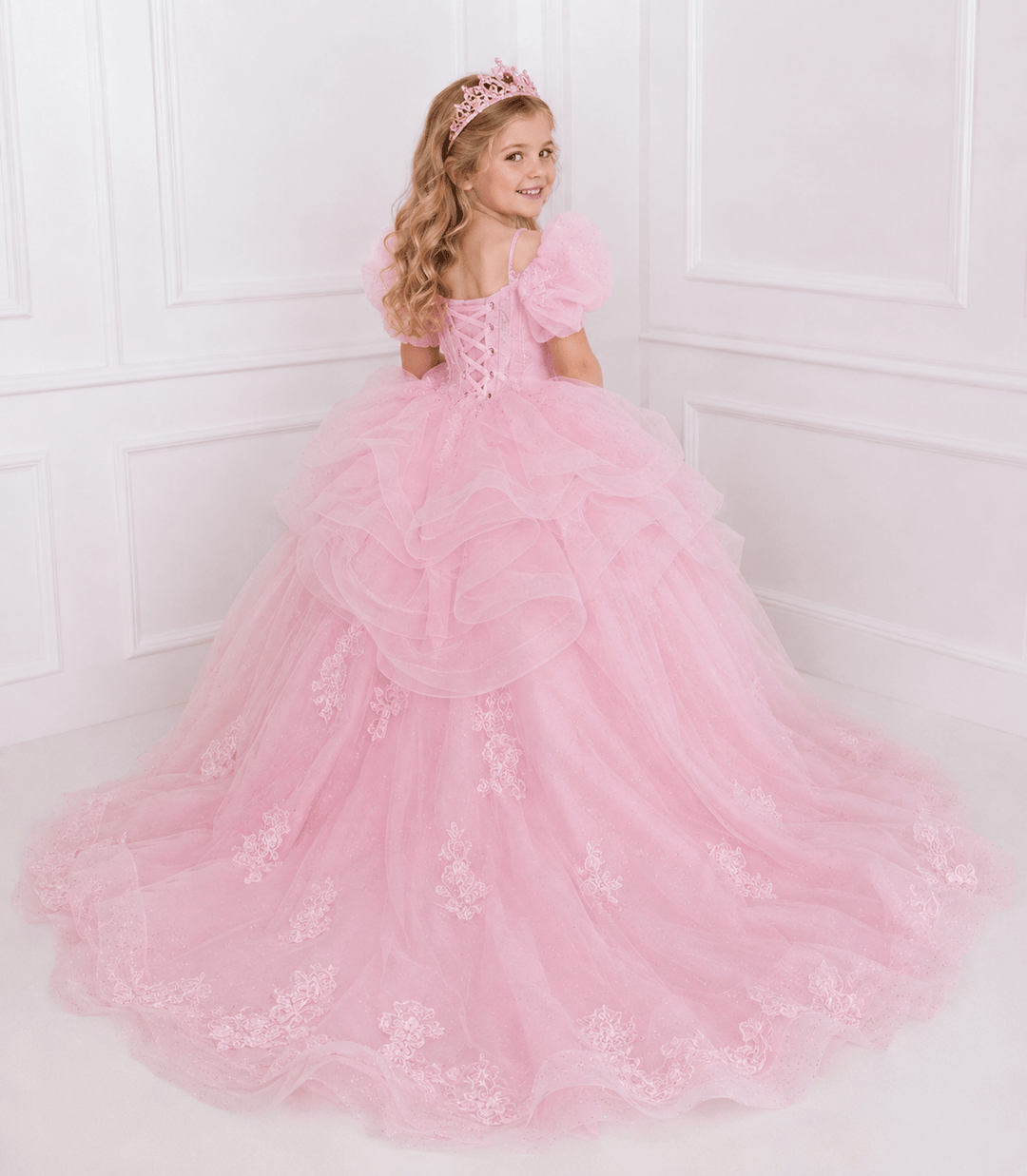 Sunnypetal Glitter Tulle Off-Shoulder Flower Girl Pageant Dress with Floral Appliqués & Crystals