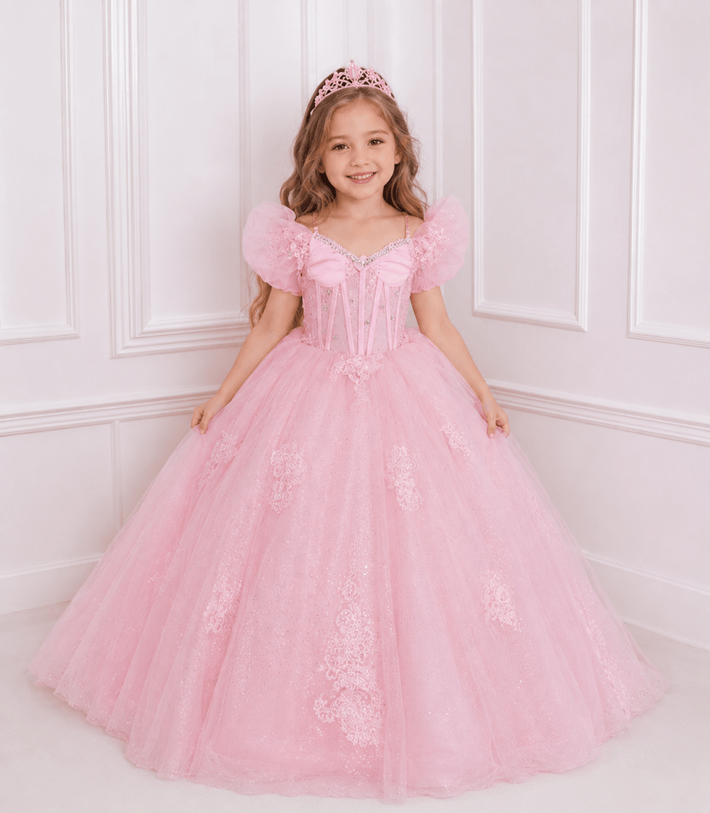 Sunnypetal Glitter Tulle Off-Shoulder Flower Girl Pageant Dress with Floral Appliqués & Crystals
