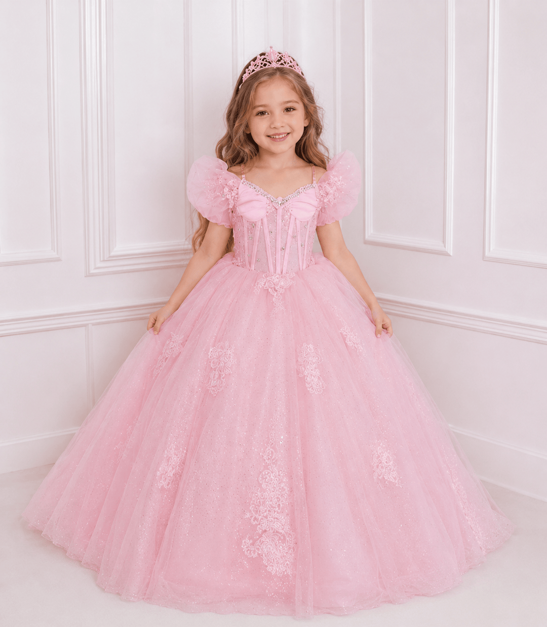 Sunnypetal Glitter Tulle Off-Shoulder Flower Girl Pageant Dress with Floral Appliqués &amp; Crystals