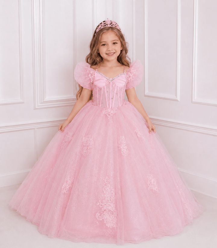 Sunnypetal Glitter Tulle Off-Shoulder Flower Girl Pageant Dress with Floral Appliqués &amp; Crystals