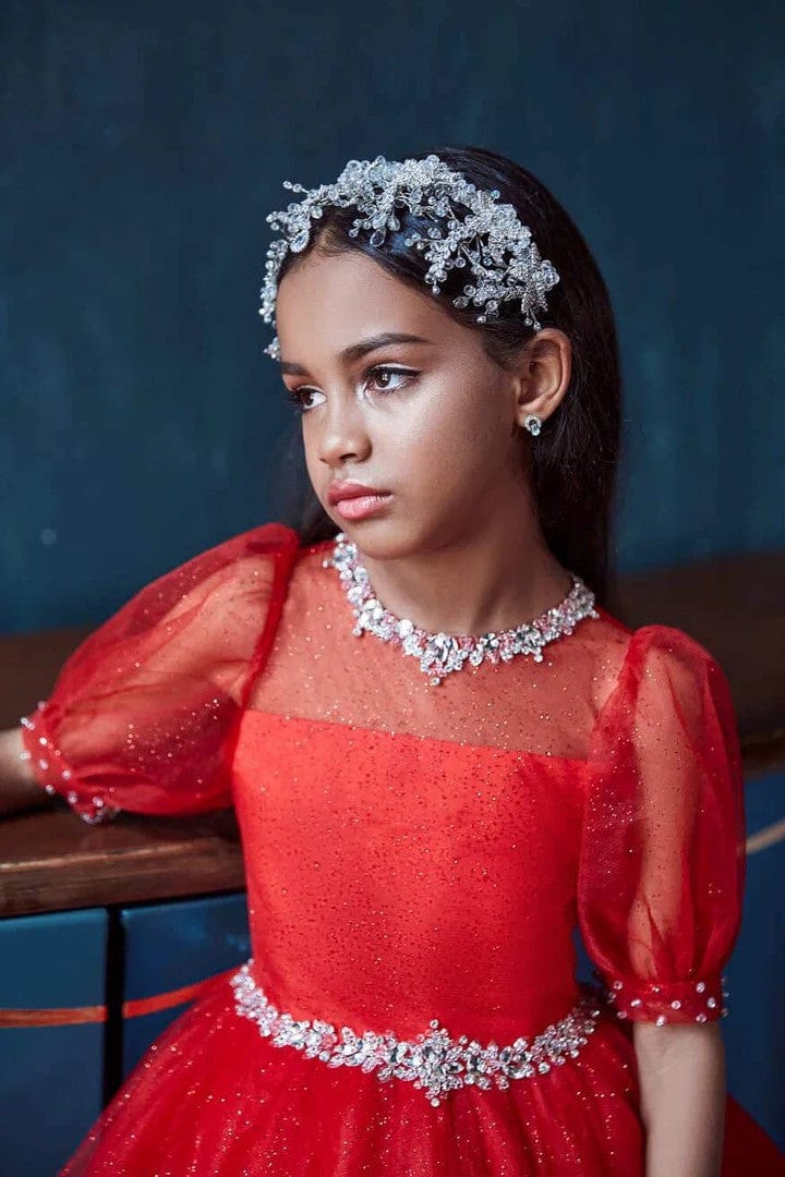 Sunnypetal Glittering Tulle Ball Gown with Rhinestone Neckline & Puff Sleeves