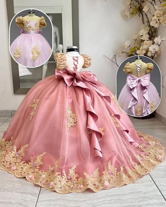 Sunnypetal Gold Appliqué 3D Floral Beaded Flower Girl Dress with Bow and Train