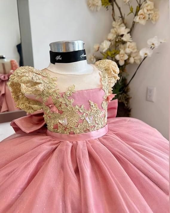 Sunnypetal Gold Appliqué 3D Floral Beaded Flower Girl Dress with Bow and Train