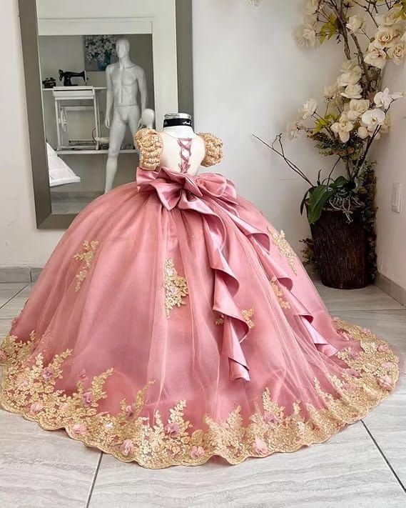 Sunnypetal Gold Appliqué 3D Floral Beaded Flower Girl Dress with Bow and Train