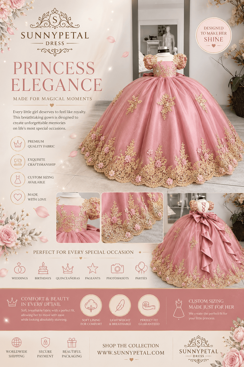 Sunnypetal Gold Appliqué 3D Floral Beaded Flower Girl Dress with Bow and Train