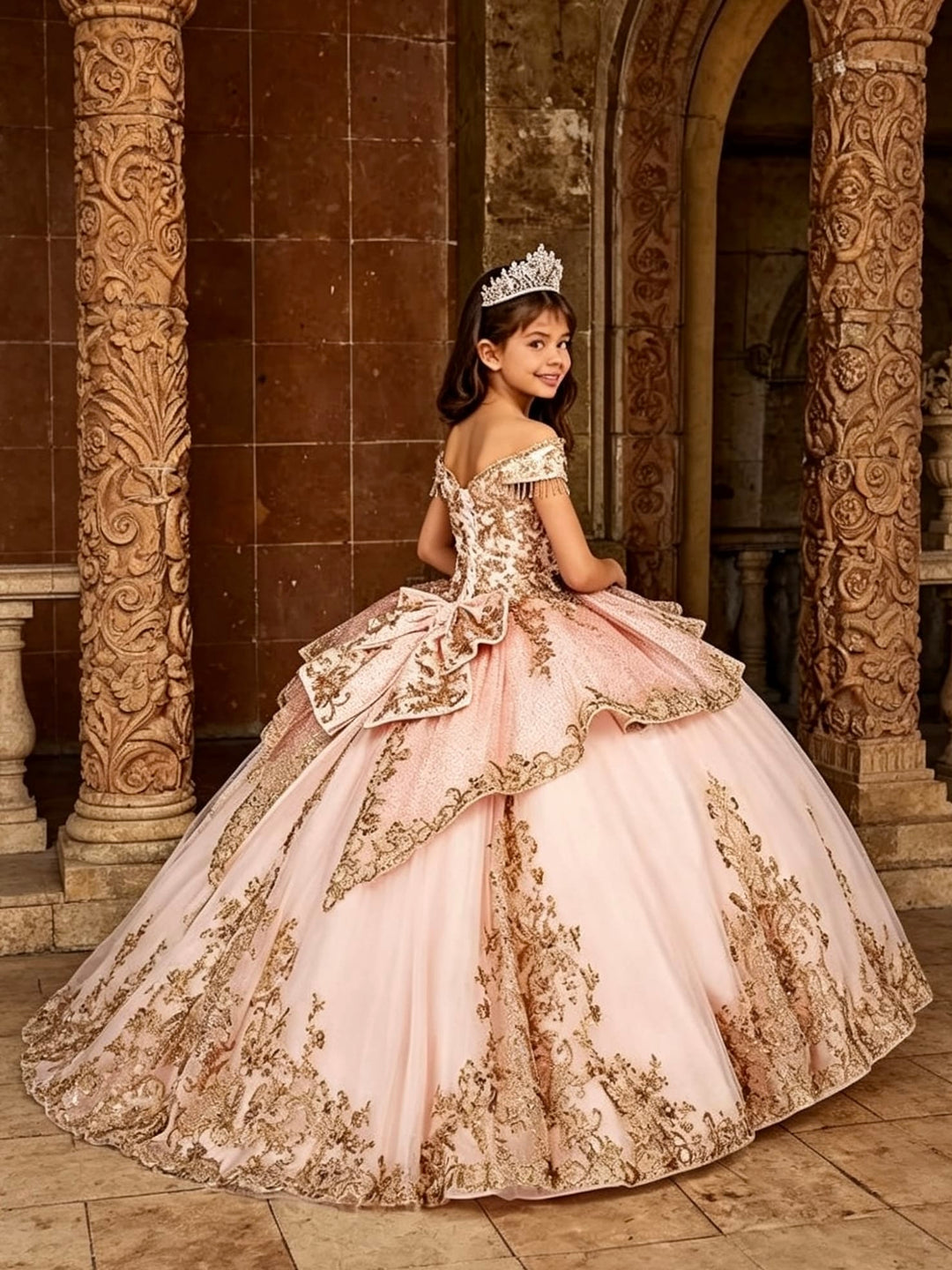 Sunnypetal Gold Applique Off Shoulder Flower Girl Dress with Tassels Crystal &amp; Bow