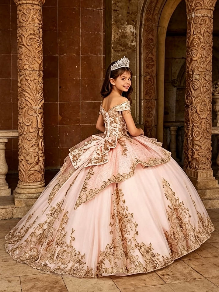 Sunnypetal Gold Applique Off Shoulder Flower Girl Dress with Tassels Crystal &amp; Bow