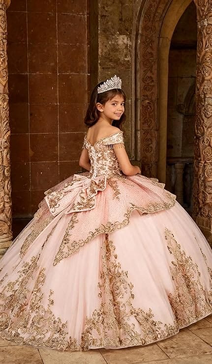 Sunnypetal Gold Applique Off Shoulder Flower Girl Dress with Tassels Crystal &amp; Bow
